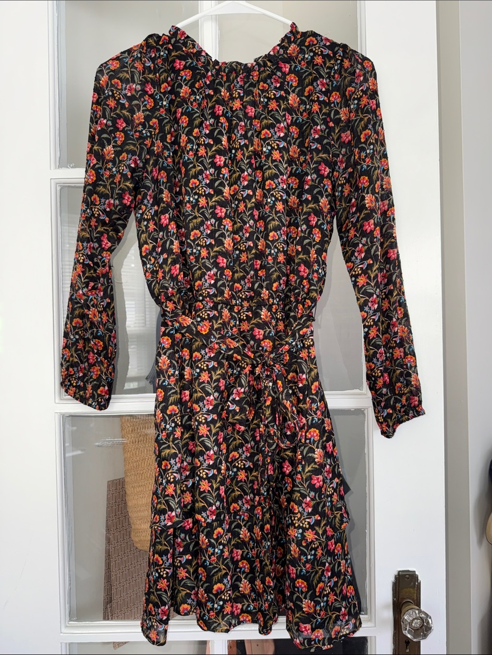 LOFT Black Floral Long-Sleeve Tie-Waist Dress with Pink, Orange, & Gold Accents